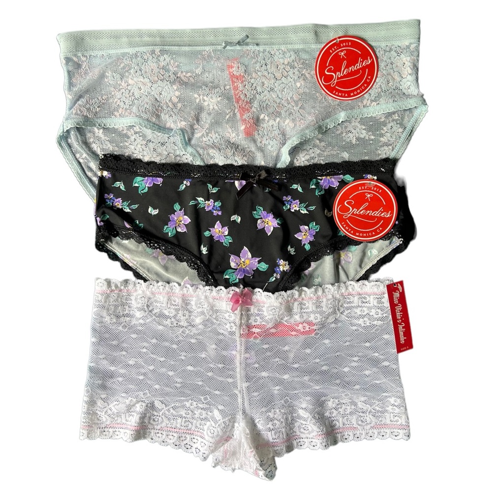 Splendies Womens Lot of 3 Lace Panties Underwear Bikini Floral Print Small Sheer